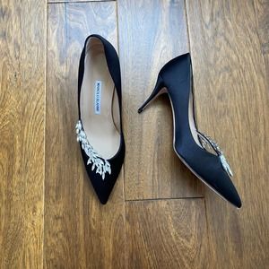 Manolo Blahnik Nadira Satin Jewel Buckle Pumps stiletto heels black